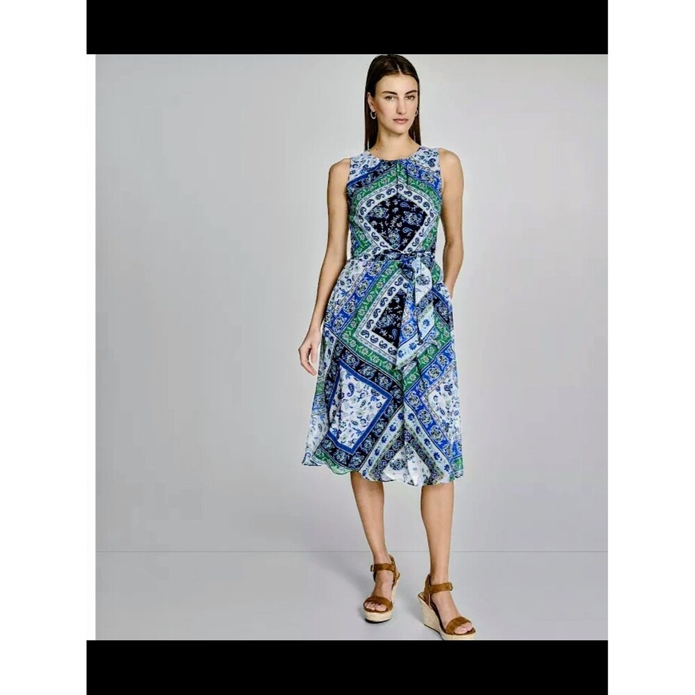 Sleeveless Blue & Green Printed Tie-Waist Midi Dress
